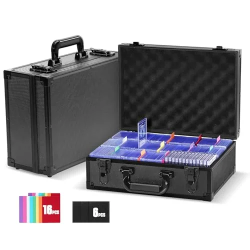 Premium Trading Card Storage Box Hard Carrying Case with 6 Removable Dividers and 16 Colorful Tabs for 600 Toploader Holders (Black, 30 x 20 x 10 cm) a19ox