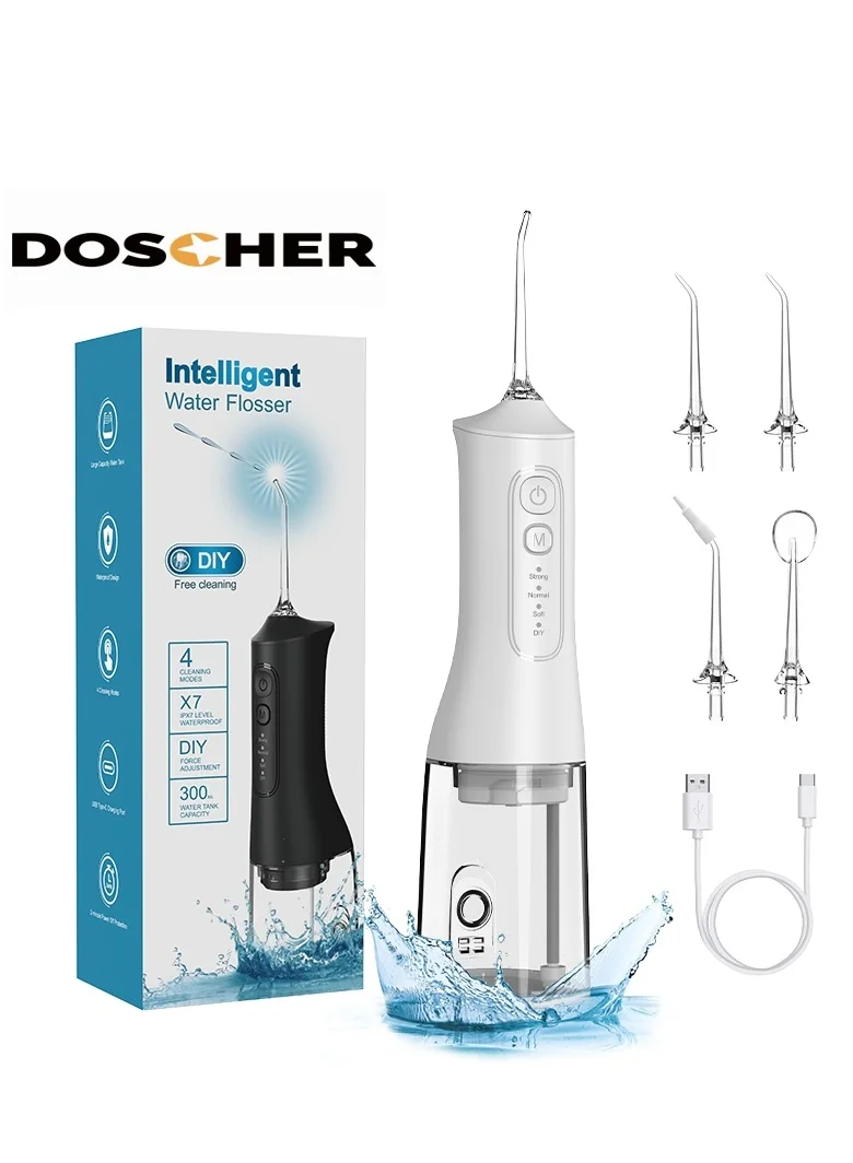 DOSCHER Portable Water Dental Flosser for Teeth Cleaning with 4 Modes and 4 Jet Nozzles (300 mL) kncgv