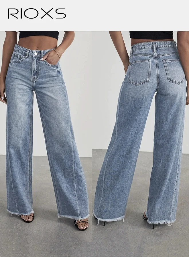 RIOXS Women's Wide Leg Denim Jeans High Waisted Vintage Straight Pants with Pockets (Blue, Medium) yho10