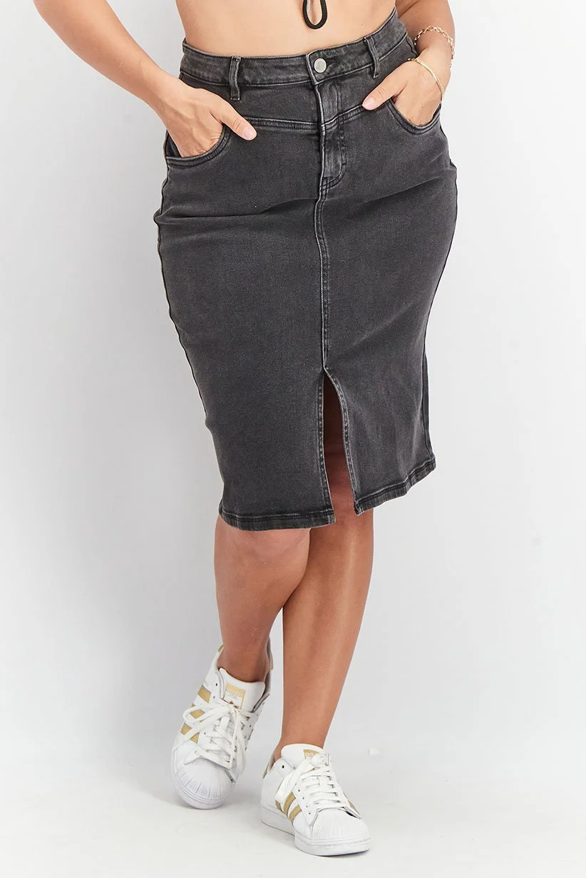 Tchibo Women Washed Denim Midi Skirt with Front Slit (Black, Medium) 7kdmd