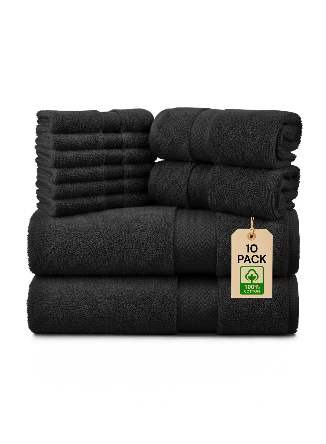 1Chase 10-Piece Premium Cotton Towel Set (Black, 600GSM) - Includes Bath, Hand, and Face Towels for Home and Hotel Use ma15p