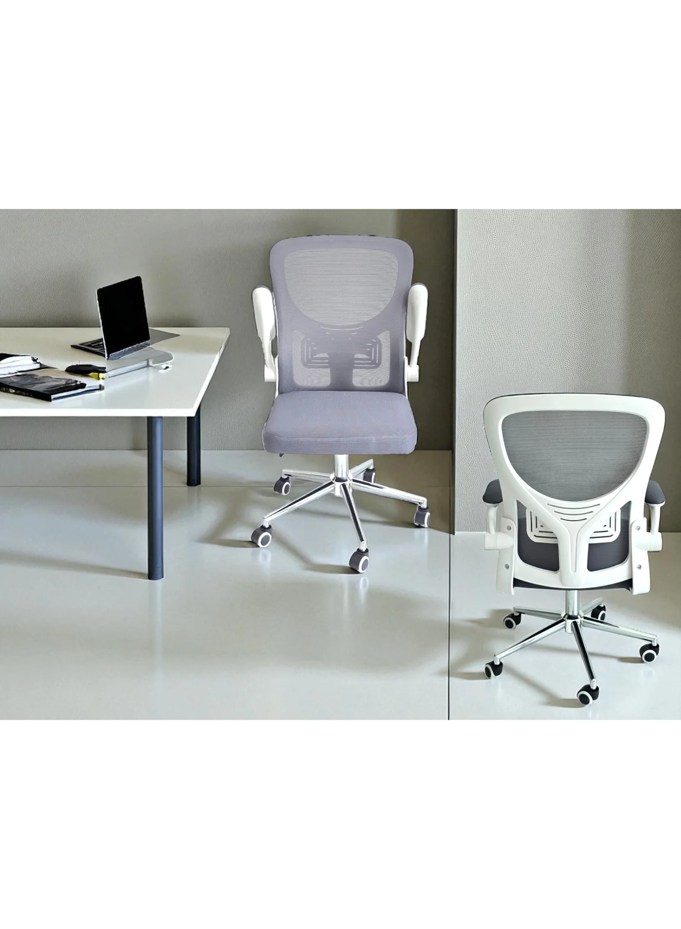 Multi Home Furniture Ergonomic Mesh Office Chair with Lumbar Support and Flip-Up Armrests (White & Grey, Adjustable Height) tnmye