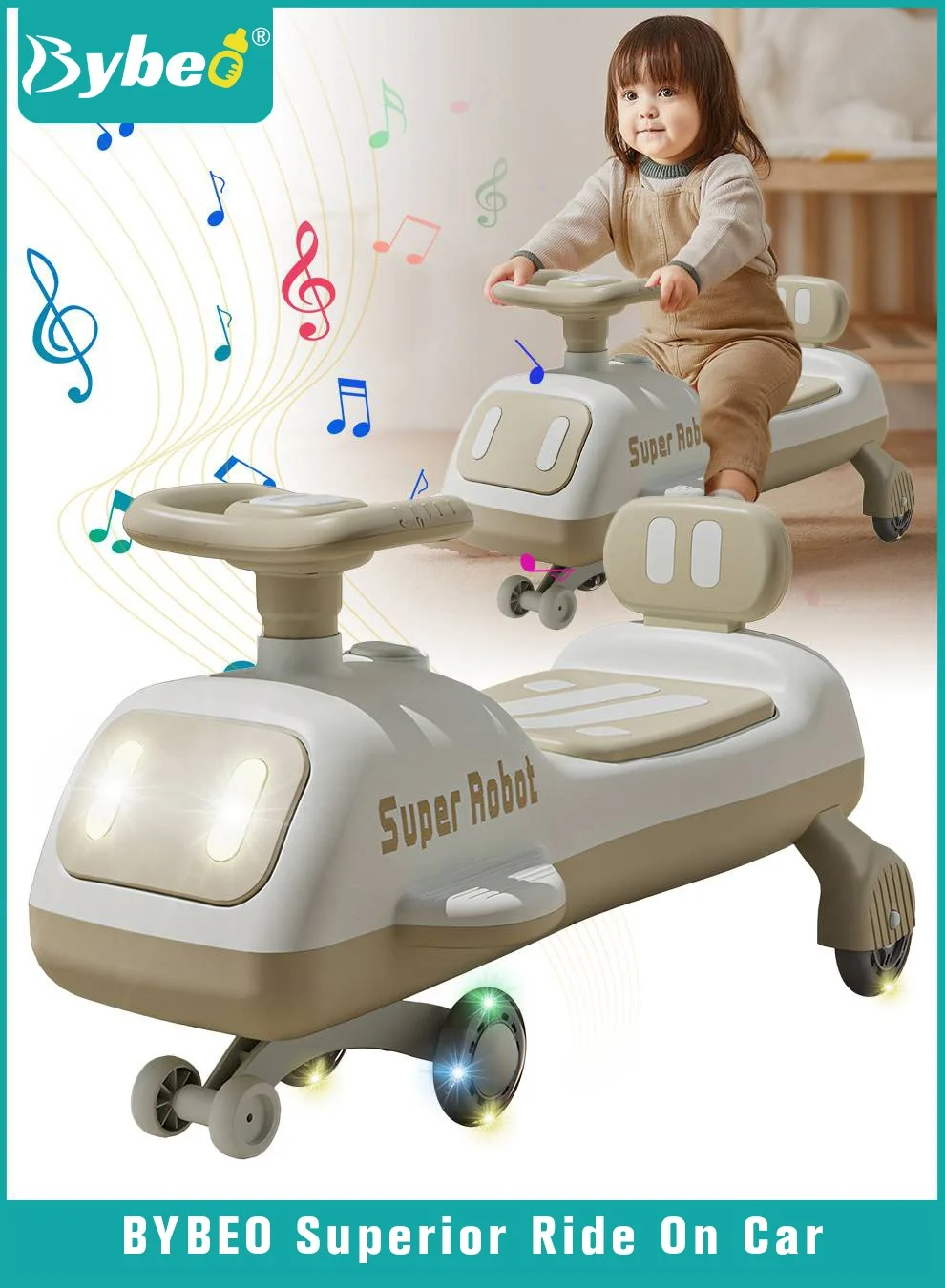 Bybeo Kids Ride-On Swing Car with Silent Wheels and Music, Premium Wiggle Toy for Toddlers (1-6 Years, 75 cm) yf667