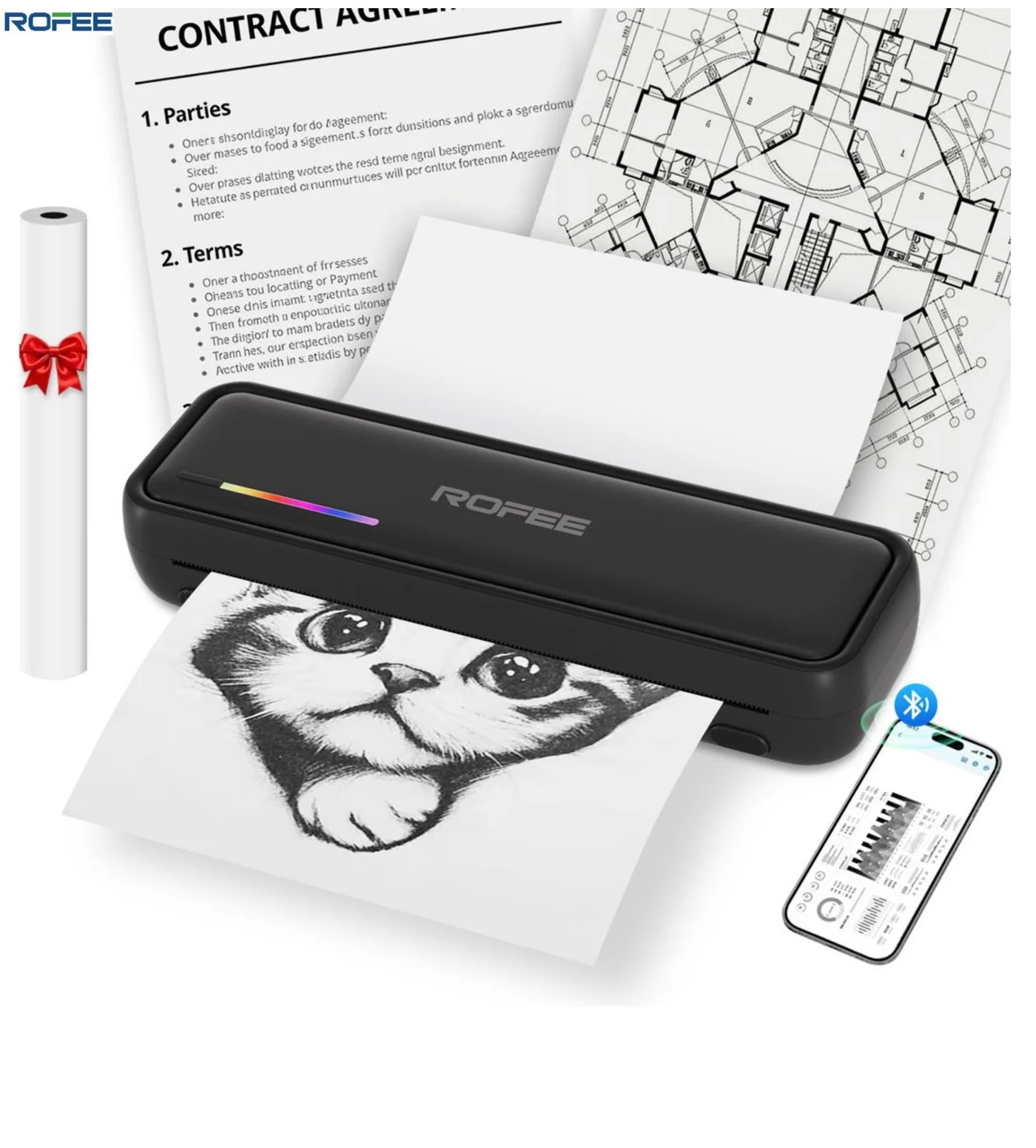 Rofee X9 Portable Thermal Printer A4 Mobile Document Printer 200DPI Wireless Bluetooth Connectivity for Office School and Travel (Black) 4i9jb