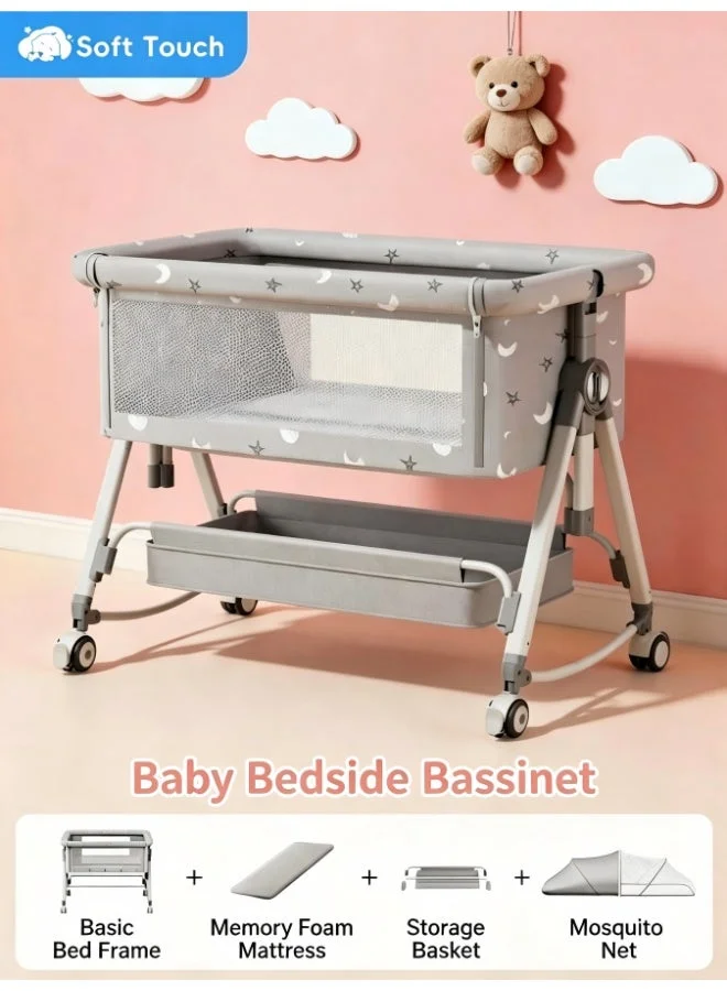 Soft Touch Multifunctional Baby Bedside Sleeper Portable Crib with Mosquito Net and Mattress (5 Adjustable Heights, Grey) dz68a