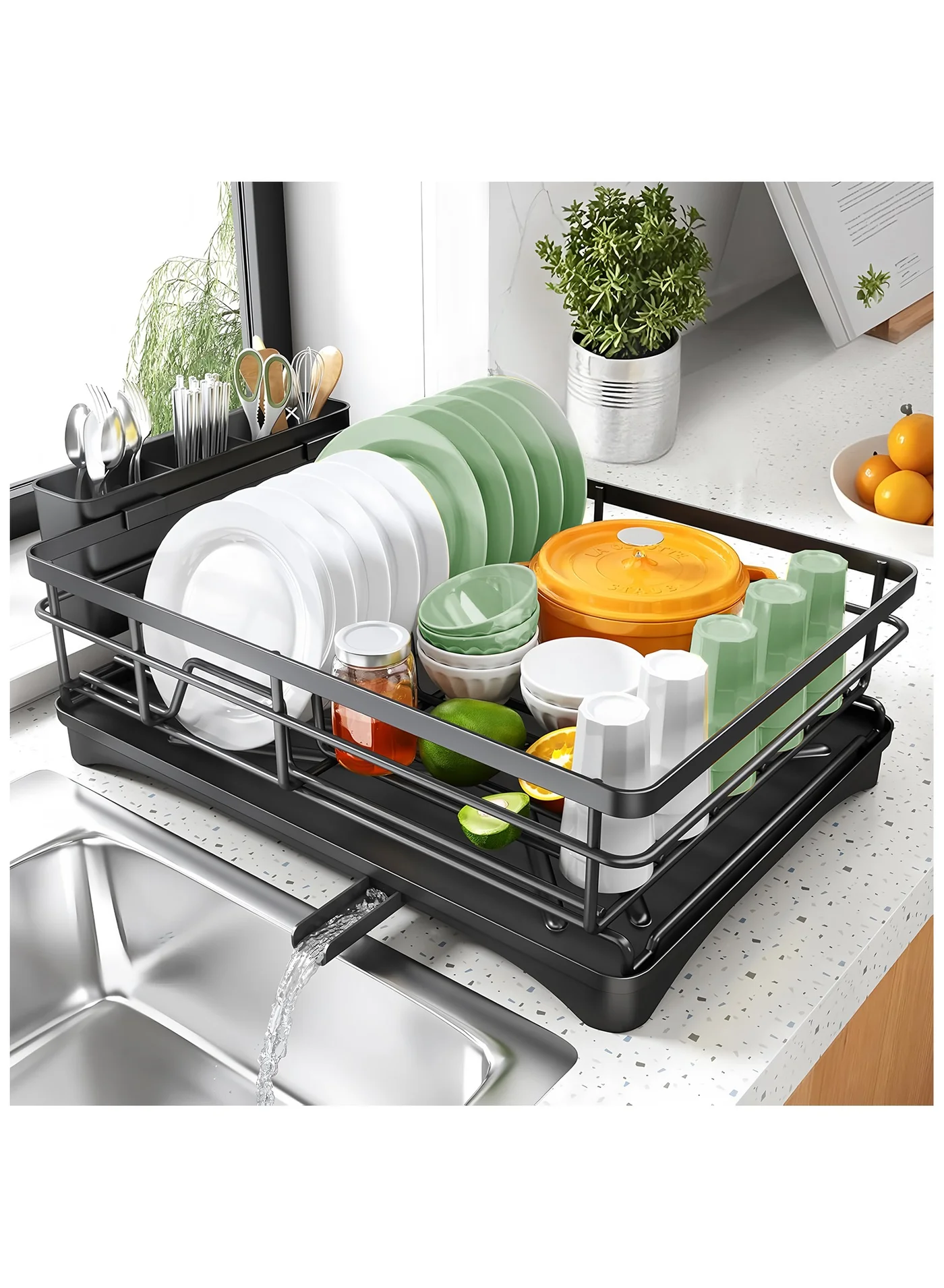 ZIMNEST Dish Drying Rack Stainless Steel Kitchen Counter Organizer with Cutlery Holder (Black, Large) zfyso