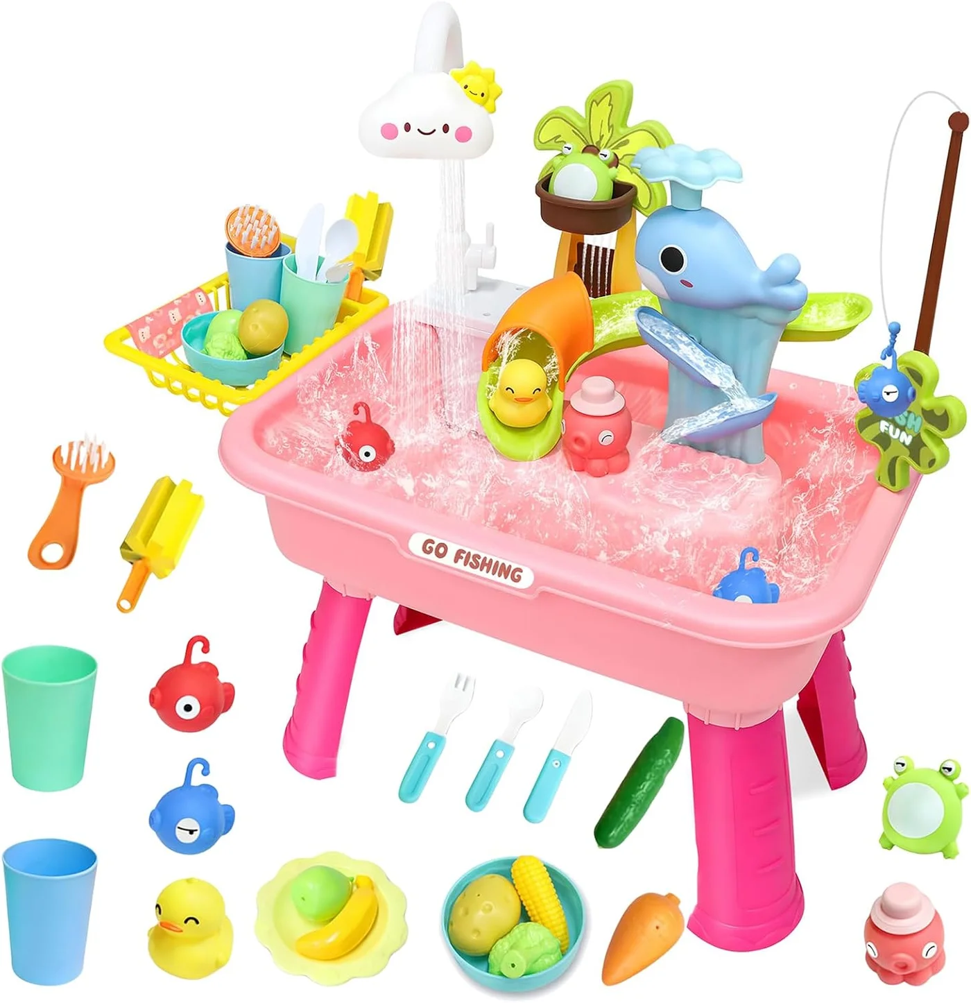 Zuffeloria Toddler Water Table Activity Center with Waterfall Shower and Fishing Game (Blue, 70 cm x 45 cm) zrt41