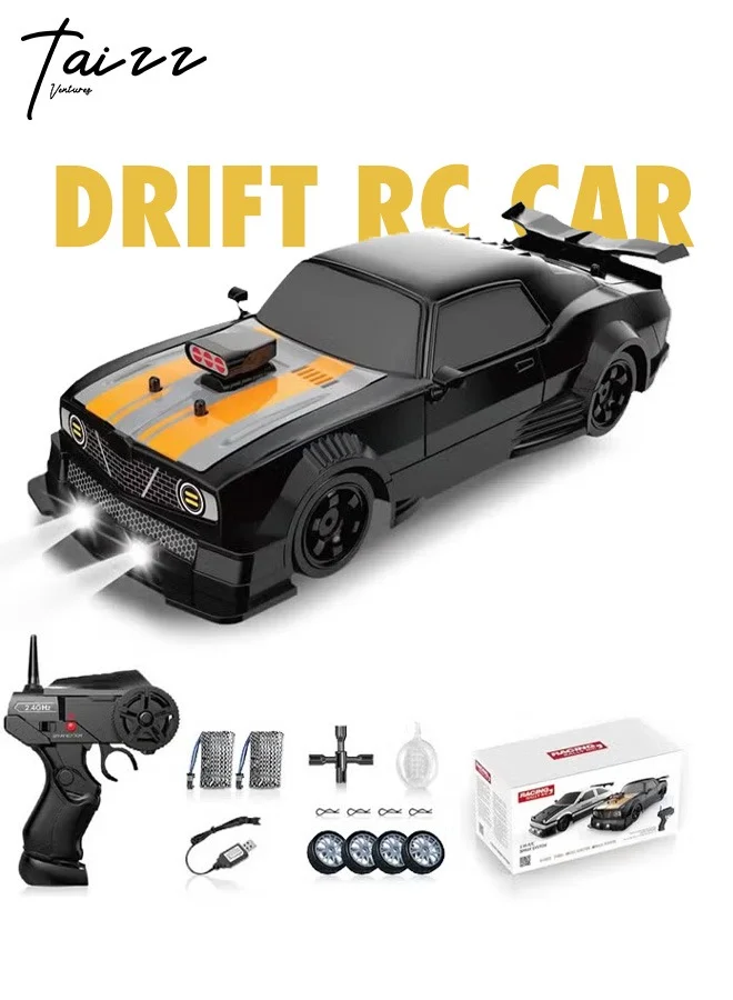 Taizz Ventures 1:16 Scale Remote Control RC Drift Car 4WD High Speed Racing Vehicle with LED Lights and Spray Effect (Black, 28cm) c6ig0