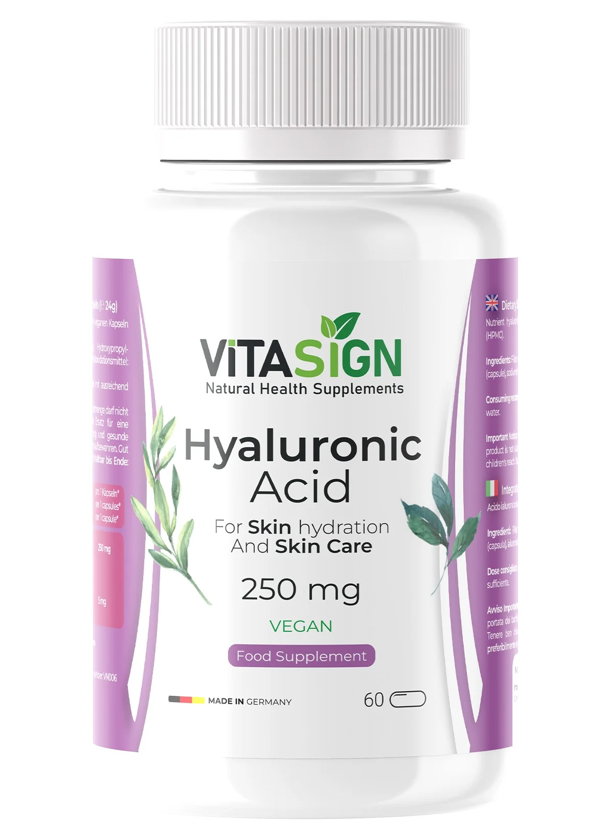 VITASIGN Premium Hyaluronic Acid Supplement for Skin Hydration (250mg, 60 Vegan Capsules) ph1ib