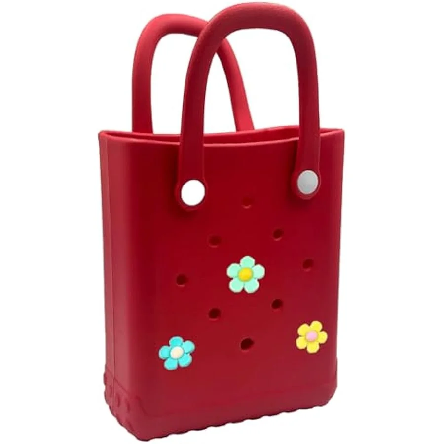 Premium Mini Rubber Tote Bag Waterproof Beach Handbag with Decorative Charms (Red, 16.5x20.3x7.9 cm) l2xg8