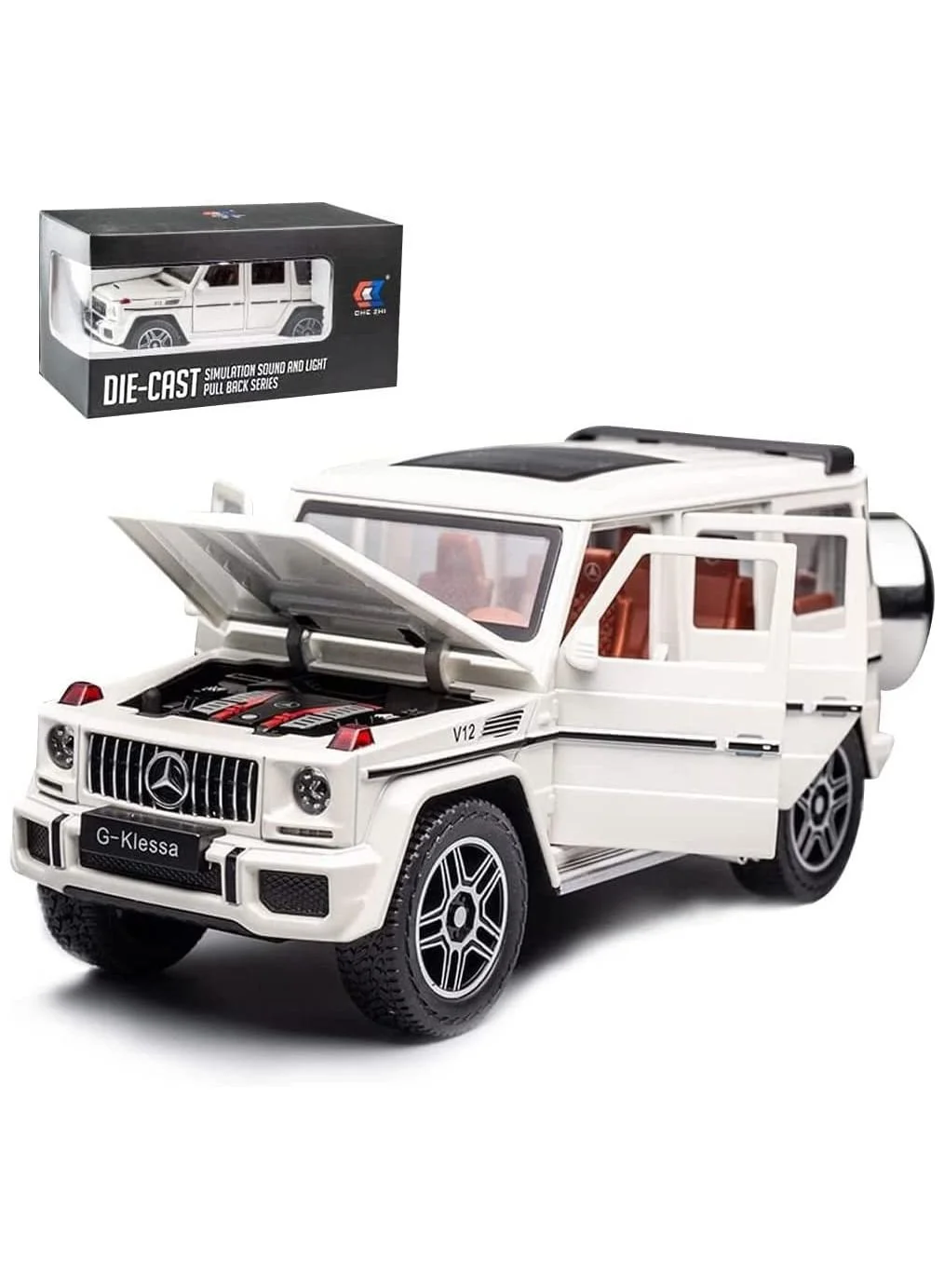 CHE ZHI 1:24 Scale Luxury SUV Diecast Model Car Premium Zinc Alloy Pull Back Vehicle with Sound and Light Effects (White, 20 cm) sxi93