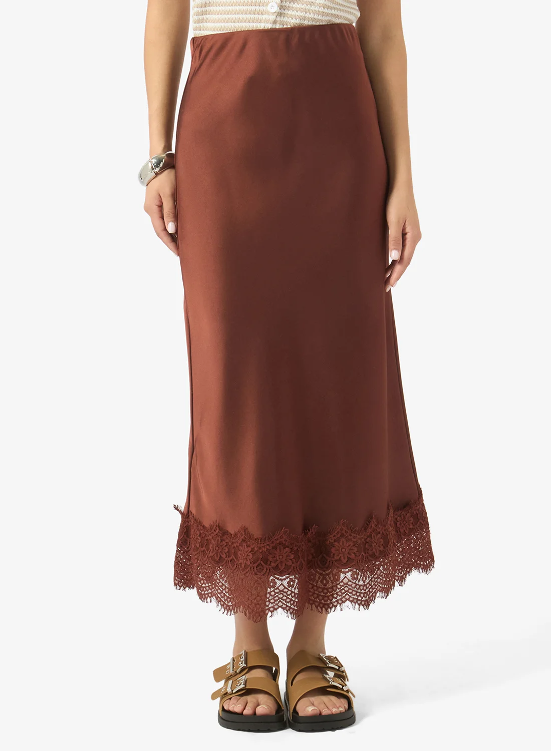 Ginger Satin Skirt with Lace Hem Elegant Midi Length Skirt for Women (Solid, One Size) 872iq