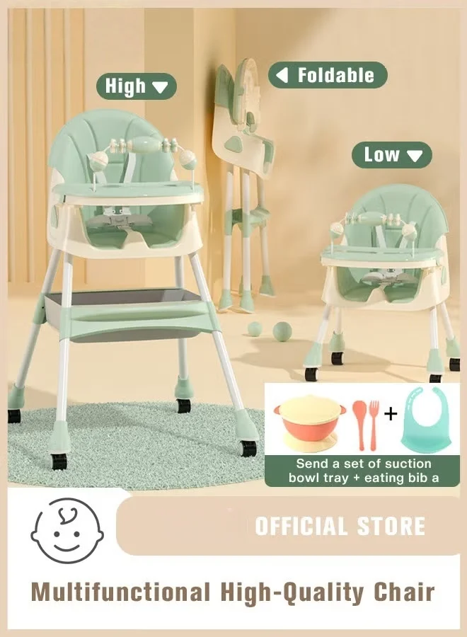 HOOKOR Foldable Baby High Chair with 4 Wheels and Removable Tray (Green, Adjustable Height) vtui9