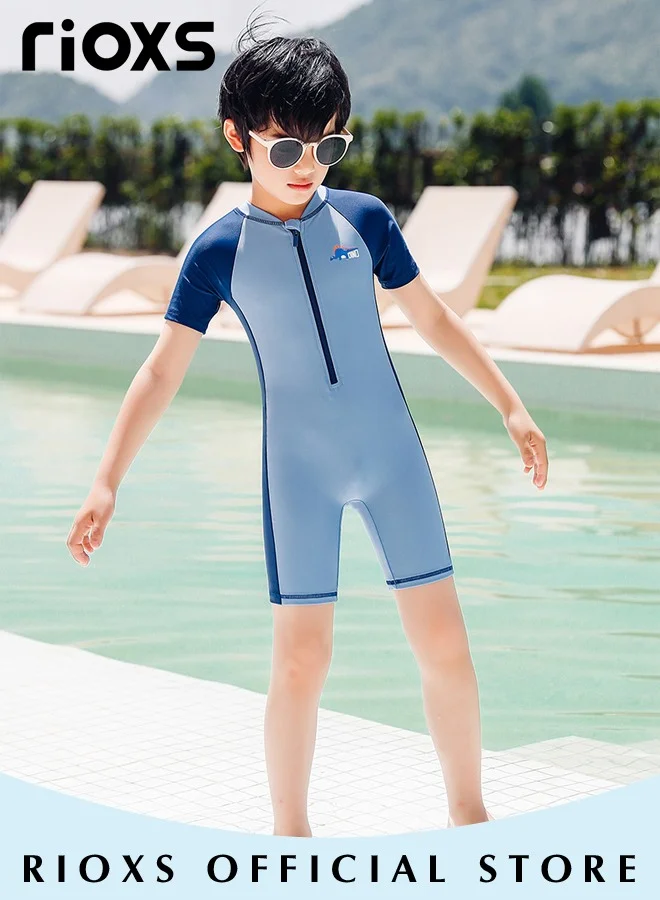 RIOXS Boys One Piece Rash Guard Swimsuit Short Sleeve Sun Protection Swimwear for Kids (Blue, 120 cm) 8phl2