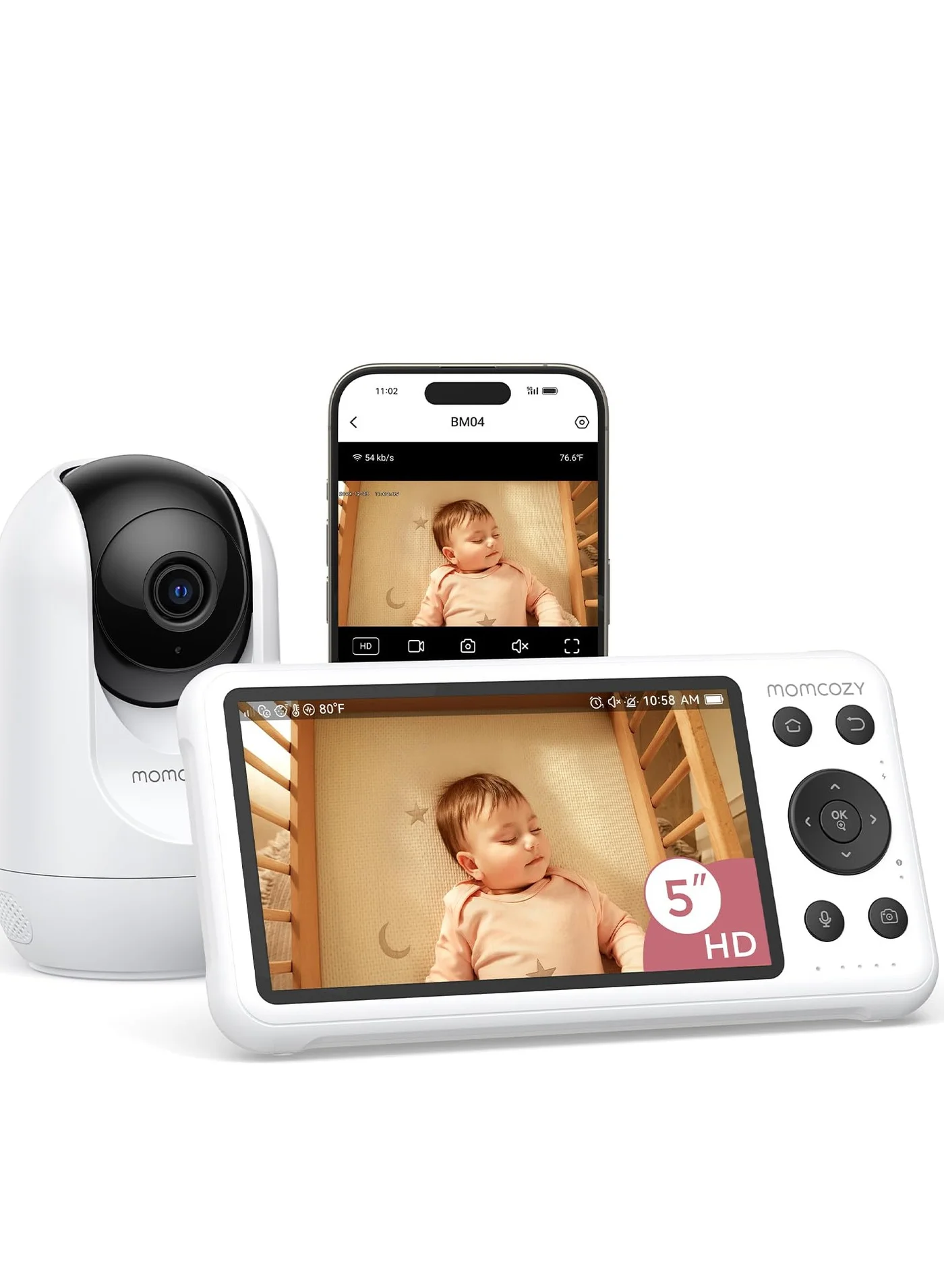 Smart WiFi Baby Monitor with 5-inch 1080P Display, Motion & Cry Detection, 2-Way Audio, Night Vision, 5000mAh Battery (White, 1 Unit) cfuq0