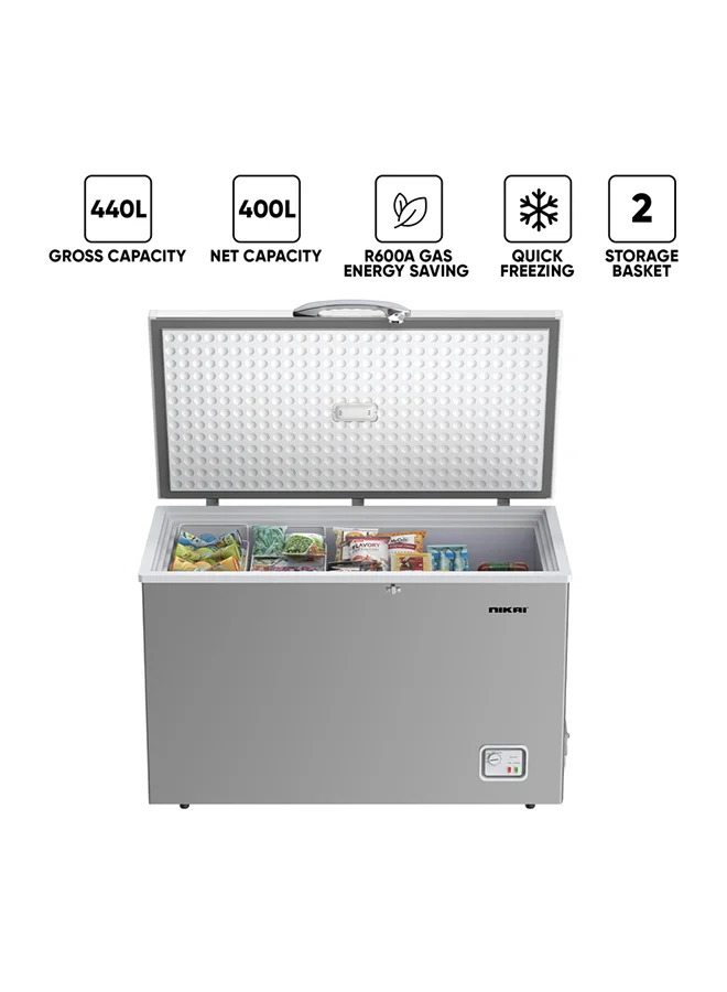 Nikai Single Door Chest Freezer, High Efficiency Cooling System with Storage Basket (Silver, 400L) osrx0