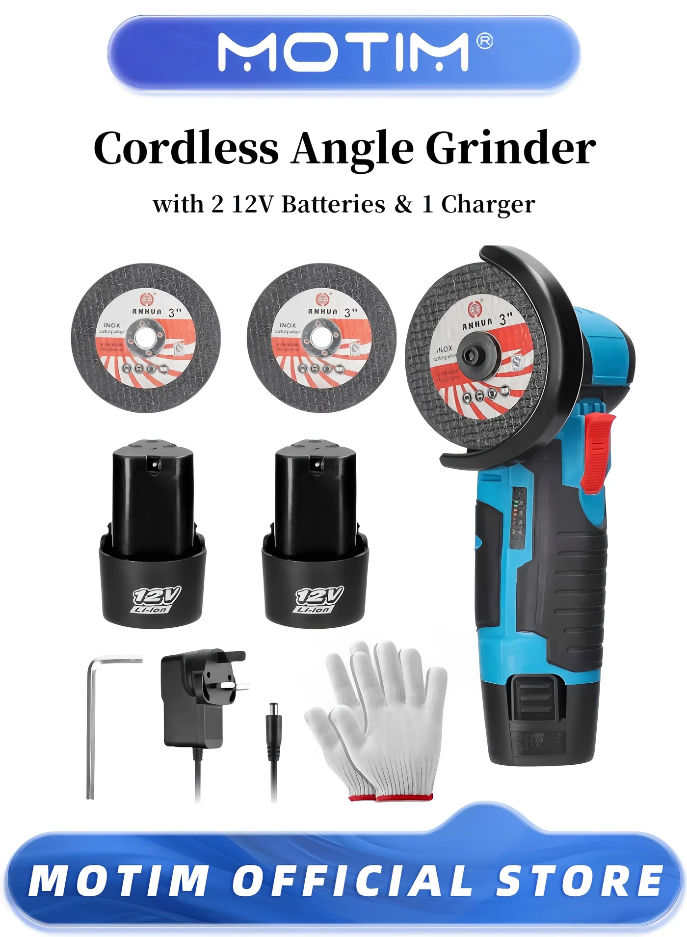 Motim Cordless Angle Grinder 12V Mini Electric Grinding Cutting Polishing Power Tool (12V) zp77p