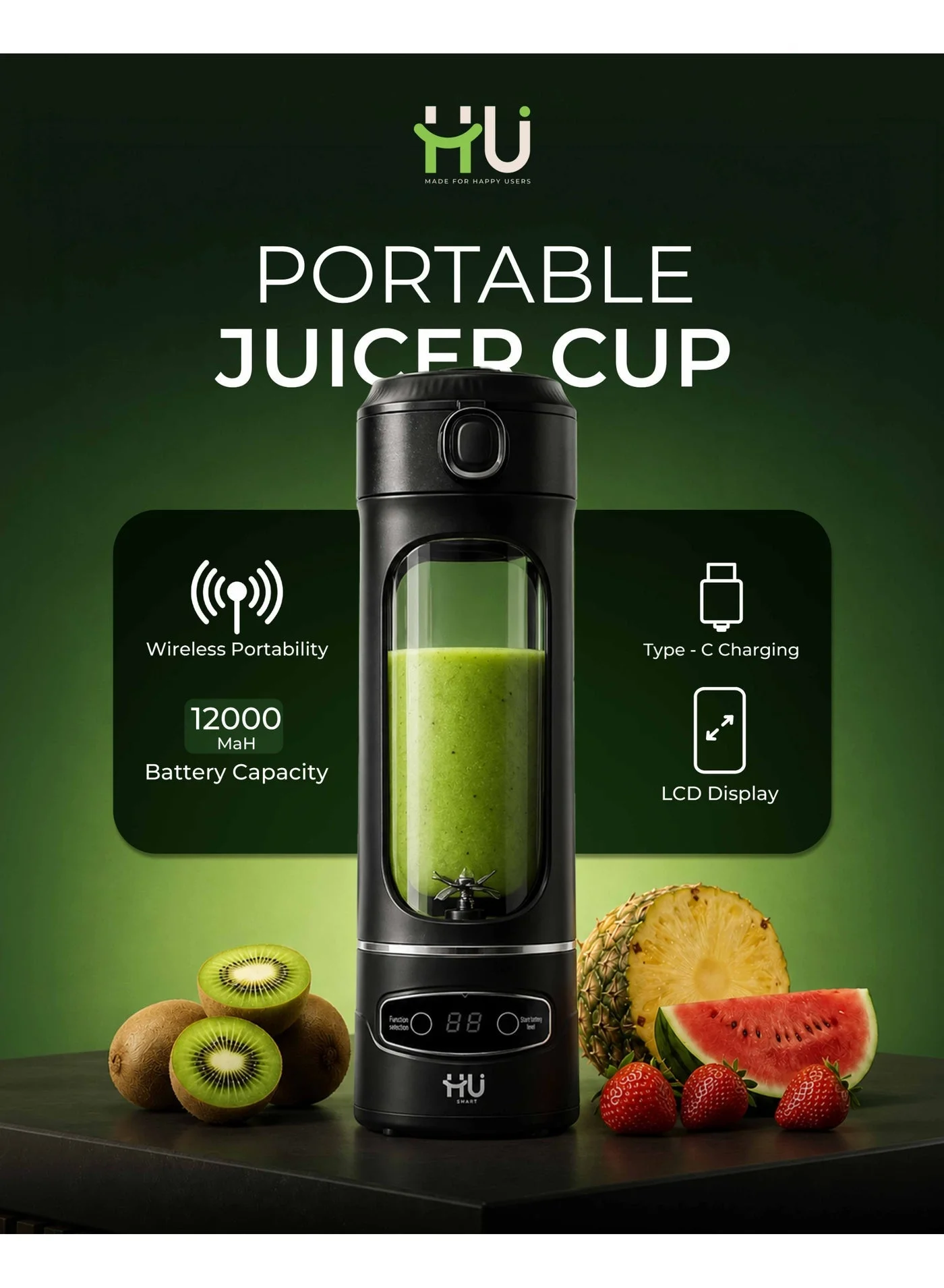 H U Portable Juicer Cup Wireless Blender with LCD Display (Black, 600mL) dfcnw