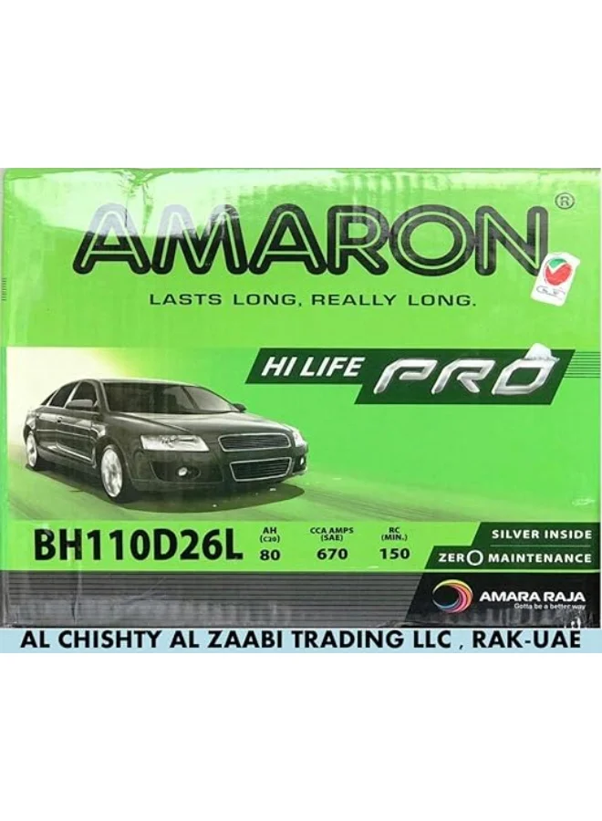 Amaron Hi Life Pro Automotive Battery 12V 80Ah (110D26L NX110-5LMF) High-Performance Maintenance-Free 9q9mh