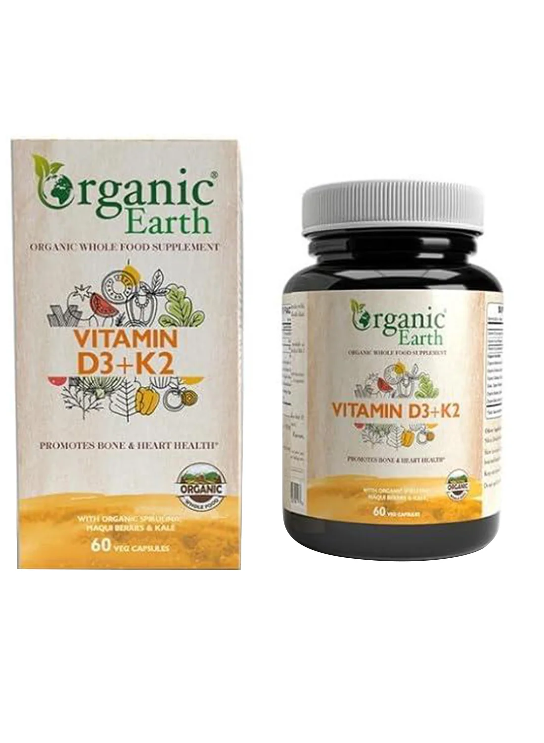 Organic Earth Vitamin D3+K2 Supplement with Spirulina, Maqui Berry & Kale (60 Capsules) y3yty