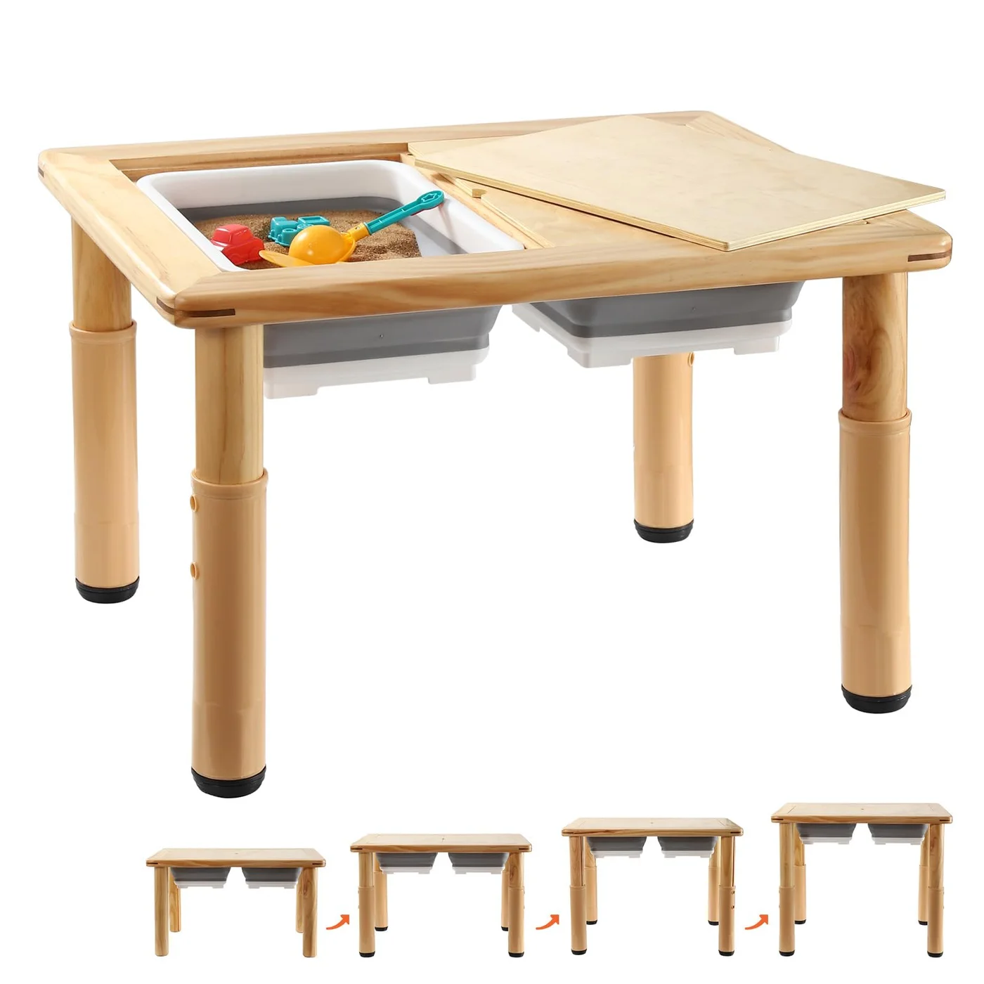 FUNLIO Wooden Sensory Table with 2 Bins (4-Level Height Adjustable) Kids Activity Station for Indoor and Outdoor Play kna1c