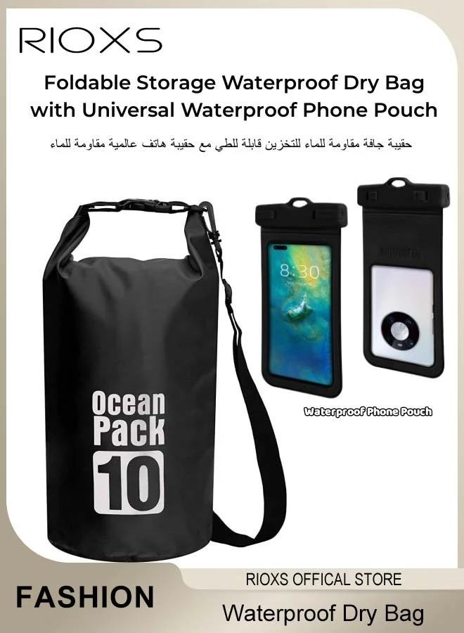 RIOXS Foldable Waterproof Dry Bag Set for Kayaking Beach Rafting Boating Hiking Camping with Universal Phone Pouch (10L) 2lty5