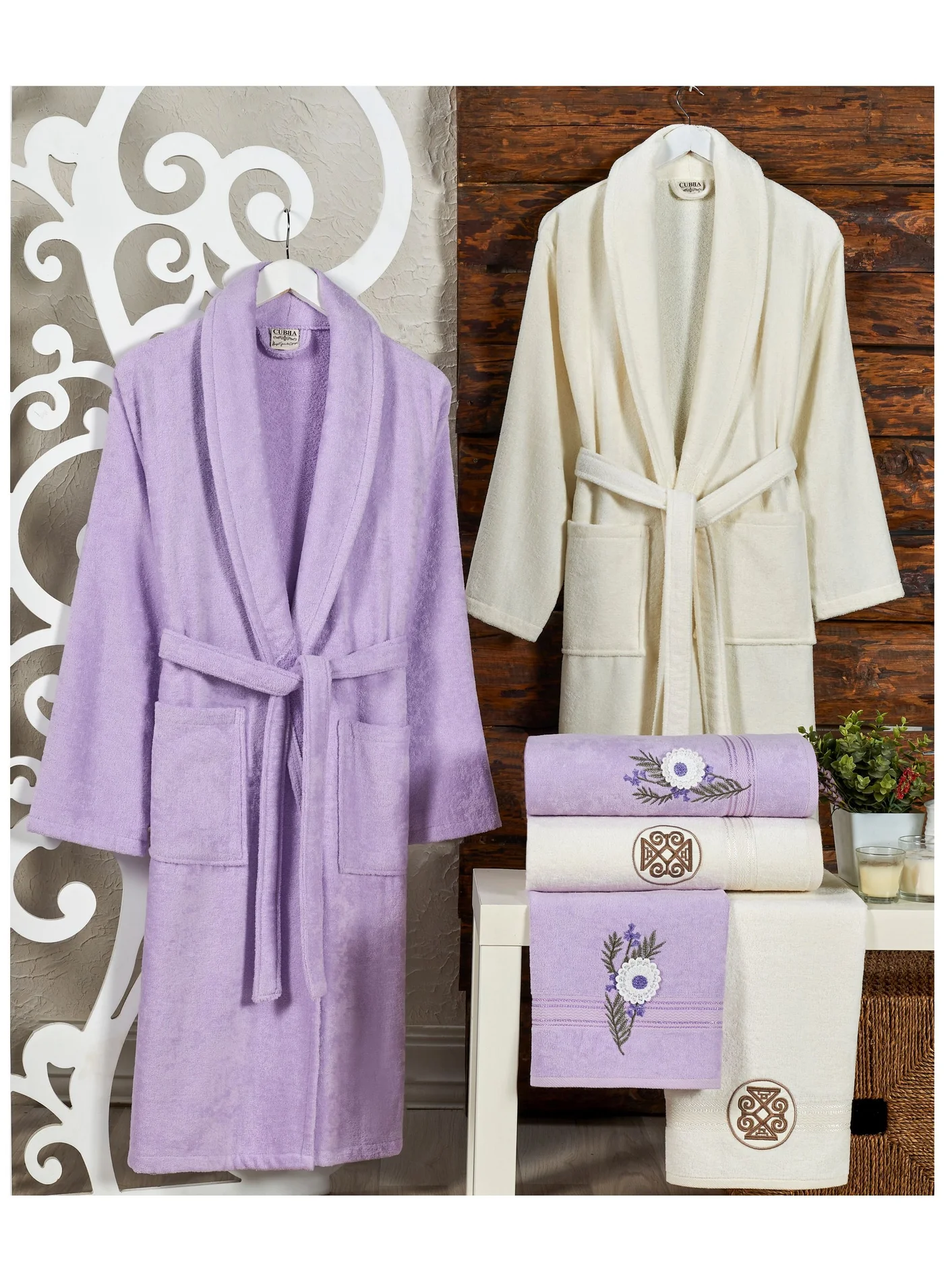 My VITA Turkish Velour Cotton Bathrobe Set for Couples (6-Piece, Lilac and Ivory) k739b