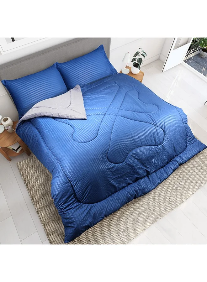 Hotel Linen Klub Reversible Down Alternative Comforter Set (Striped Microfiber, Royal Blue & Light Grey, King 240 x 260cm) 3w1iy