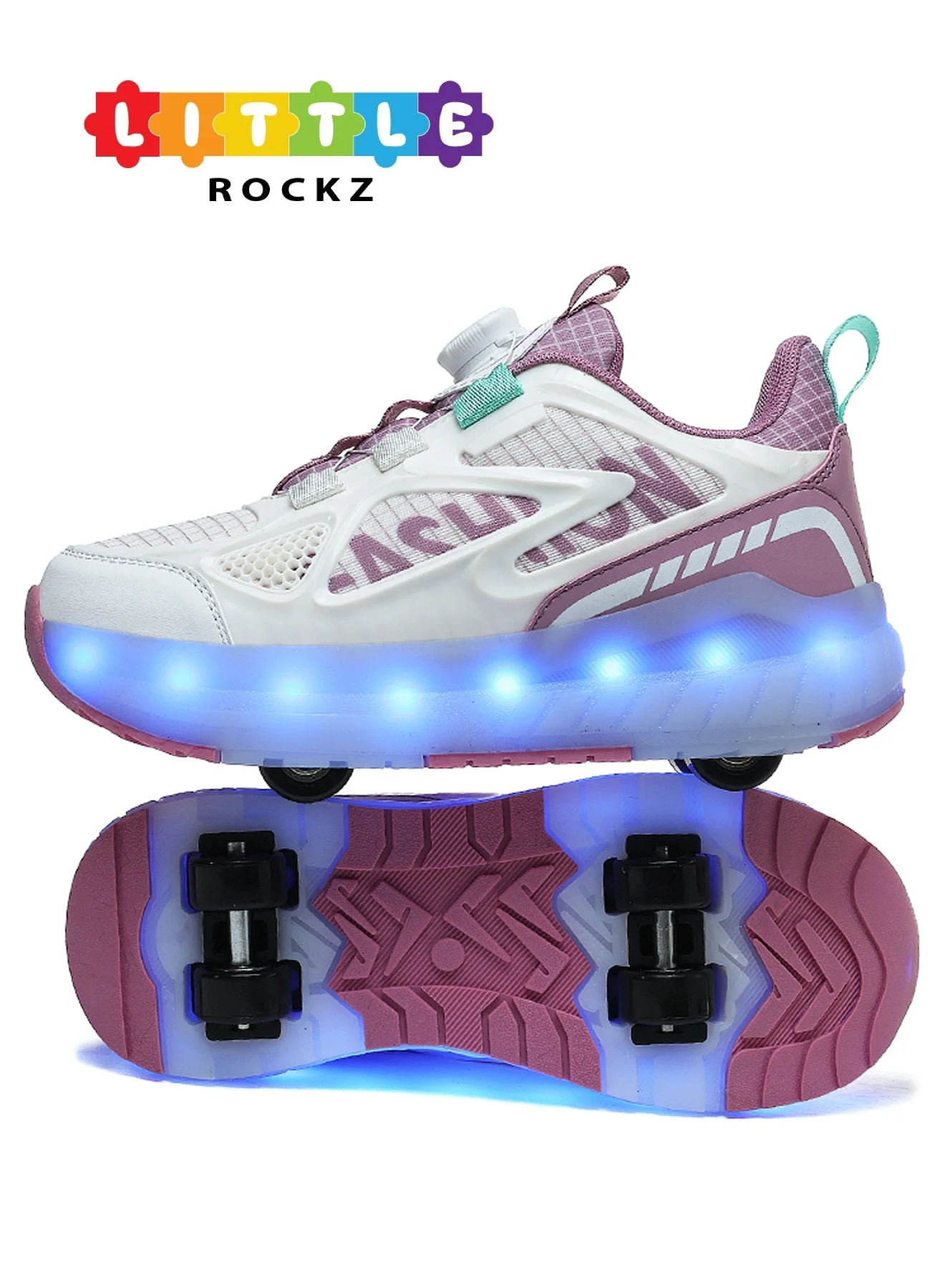 LITTLE ROCKZ Kids Four Wheel Roller Shoes with Rechargeable LED Flash Lights (Pink, Size 30) f8oxx