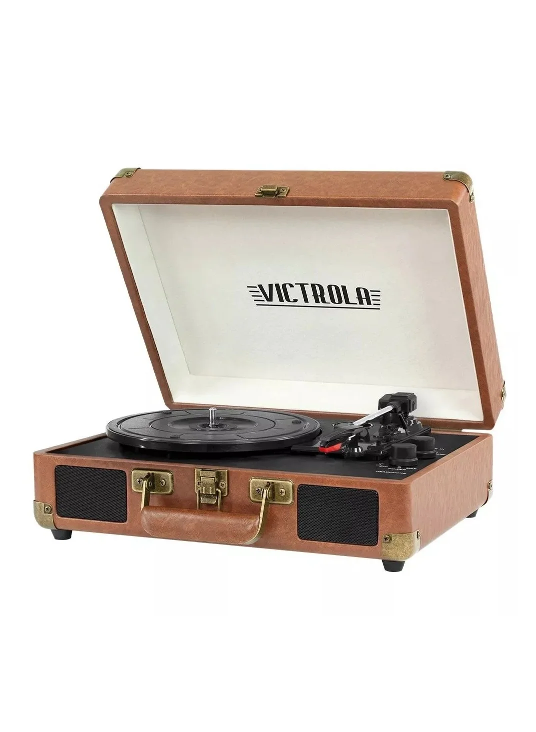 Vintage Portable Suitcase Vinyl Record Player 3-Speed LP Turntable with Built-in Stereo Speakers and Bluetooth Connectivity (Brown, 35.5 cm x 25.5 cm x 12 cm) xrric