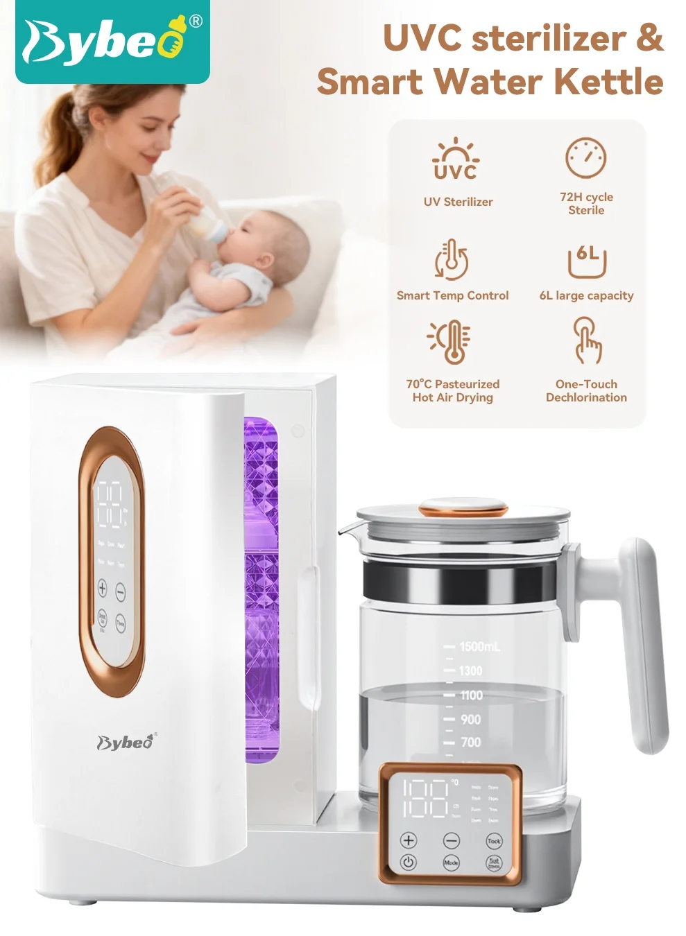 Bybeo UV Sterilizer and Dryer 3-in-1 Cabinet with Smart Temperature Control for Newborn Feeding (White, 1 Unit) ysy4k
