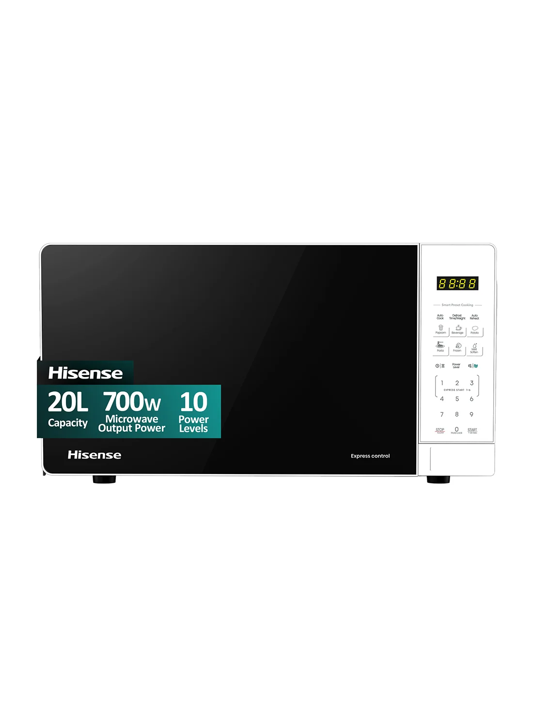 Hisense Solo Microwave Oven, 700W Power, 24 Preset Menus, Digital Control, Defrost Function, Safety Lock (White, 20 L) kyb6k