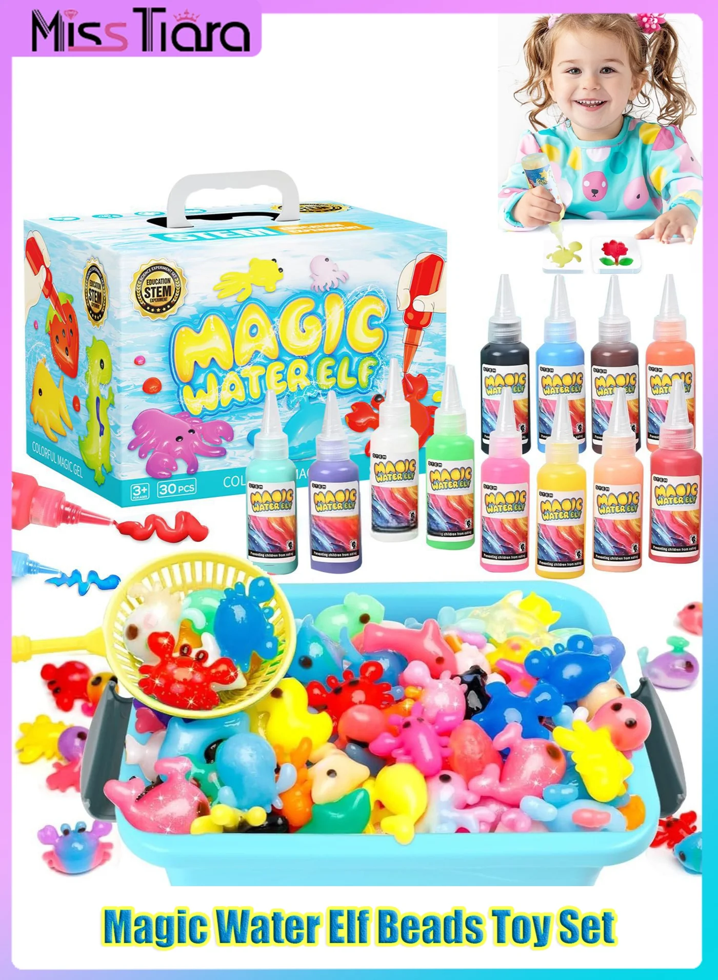 MissTiara Magic Water Elf Beads DIY Craft Kit (30 Pcs, 12 Colors, 12 Models) Sensory Activity Set for Kids uf9m4