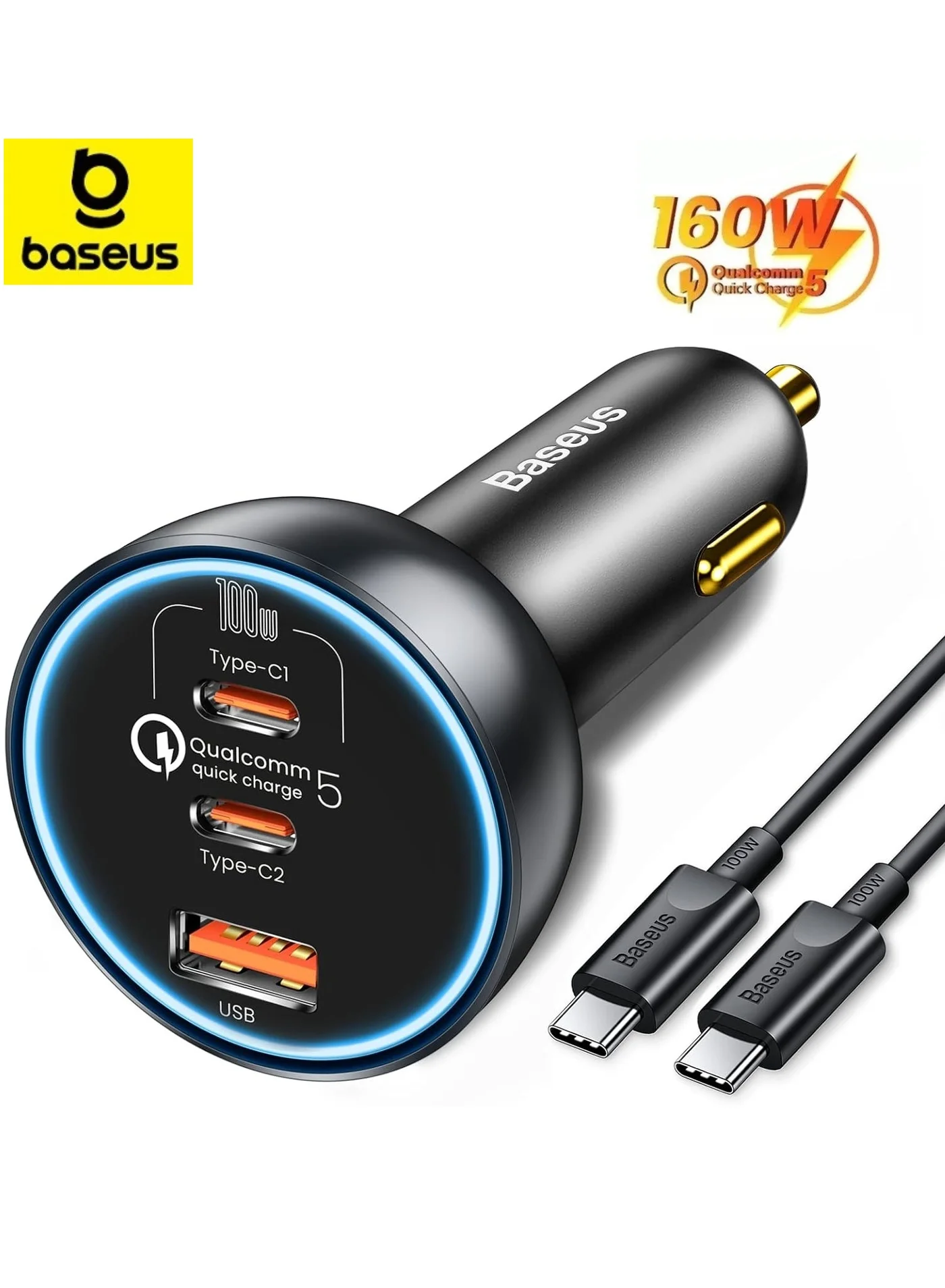 Premium 160W USB-C Car Charger 3-Port Fast Charging Adapter with 100W Type-C Cable (Black, 1 Unit) 7le57