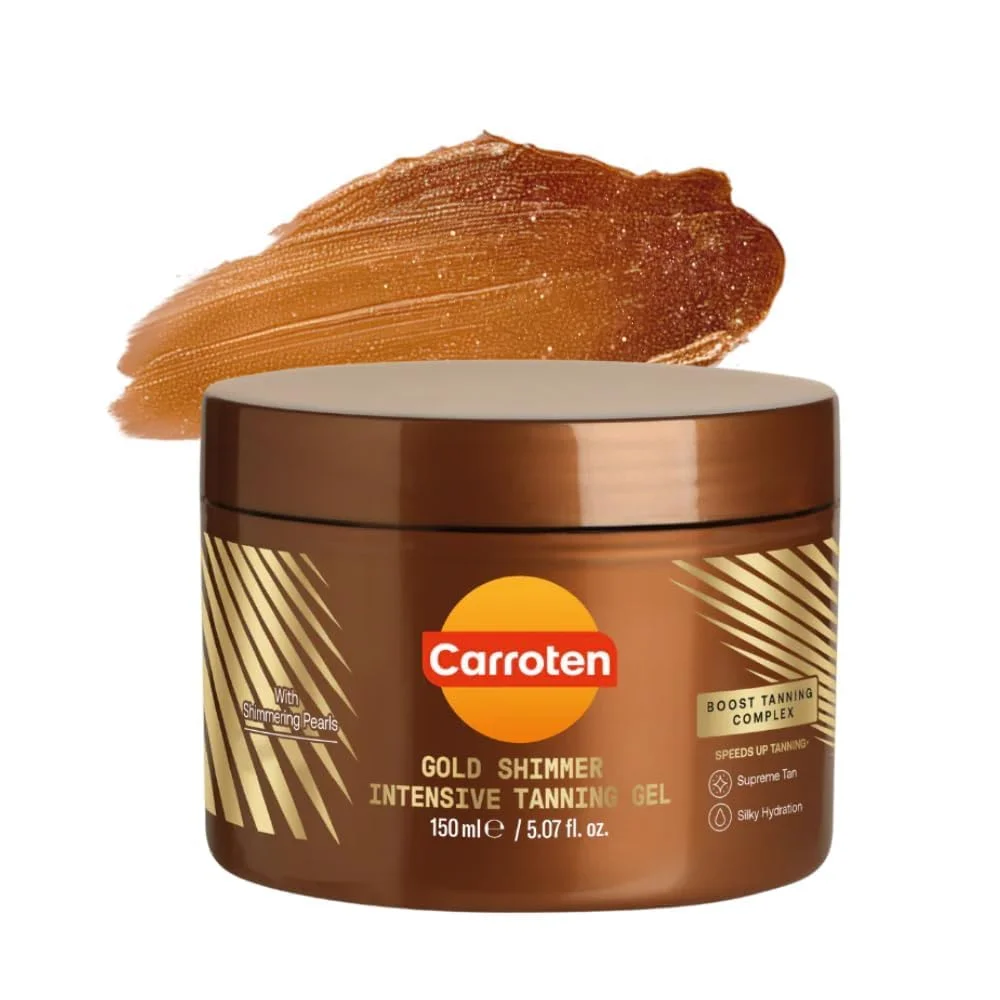 Premium Gold Shimmer Tanning Gel Accelerator with Carrot and Coconut Oil for Radiant Skin (150 mL) jc1l0