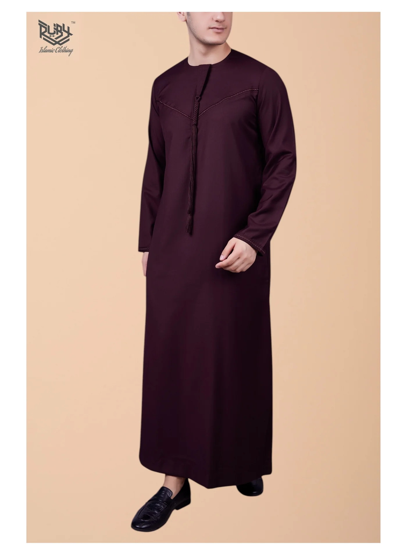 RUBY ISLAMIC CLOTHING Emirati Thobe Dishdasha Kaftan with Tassel Accent and Zip Closure (Maroon, Adult) j815y