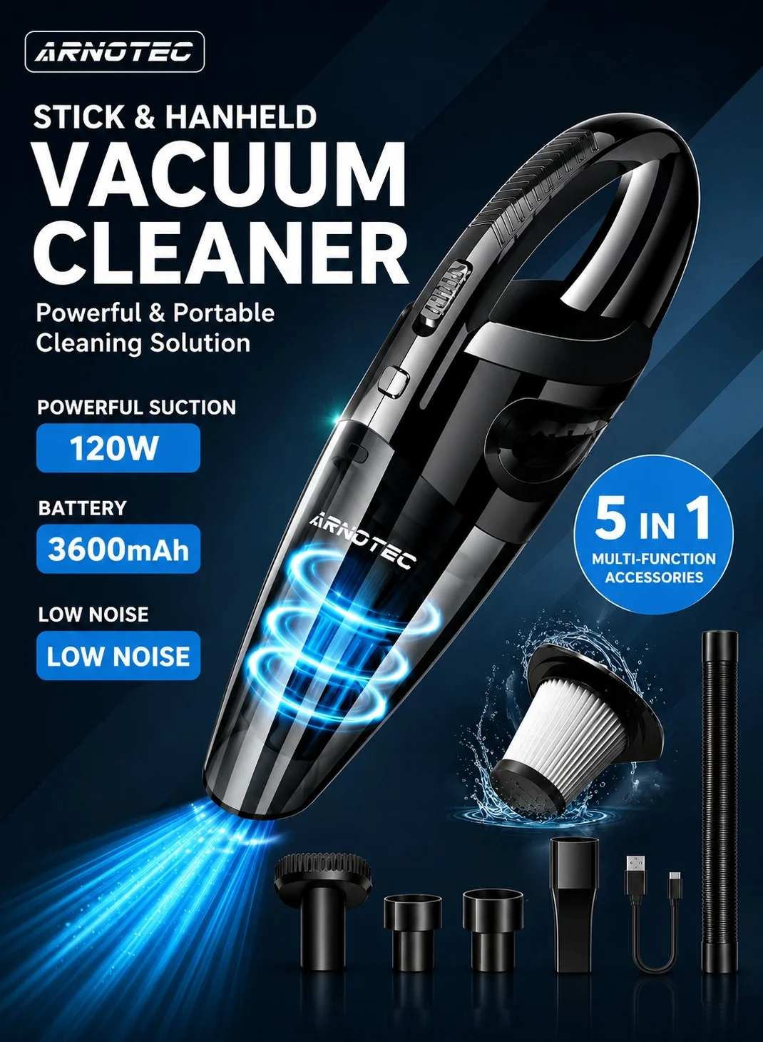 ARNOTEC Handheld Cordless Vacuum Cleaner High Power 120W Portable Dust Buster for Car Home and Office (120W) 8oh66