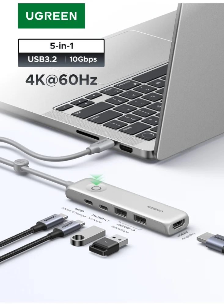 Premium 5-in-1 USB-C Hub Adapter with 4K HDMI 60Hz and 100W PD Charging (Silver, 1 Piece) m1inm