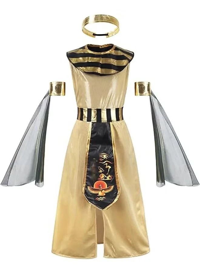 Halamodo Egyptian Cleopatra Pharaoh Costume Set for Girls Premium Role Play Outfit for Halloween (Kids, Gold/White) nzv4n