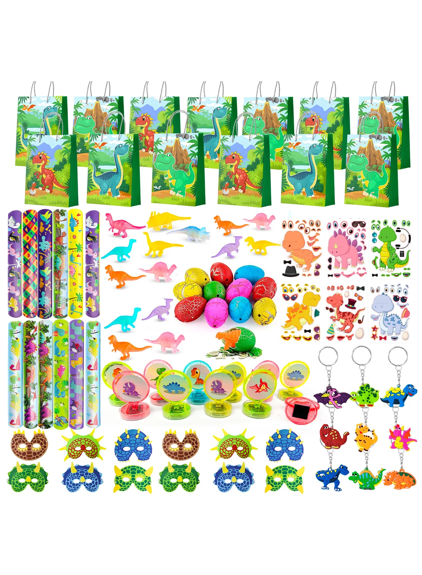 FRUITFUL PARTY Dinosaur Birthday Party Favors Set for 12 Guests (96 Pieces) - Premium Dino Themed Goodie Bags, Keychains, Stampers, Stickers, and Bracelets 11246