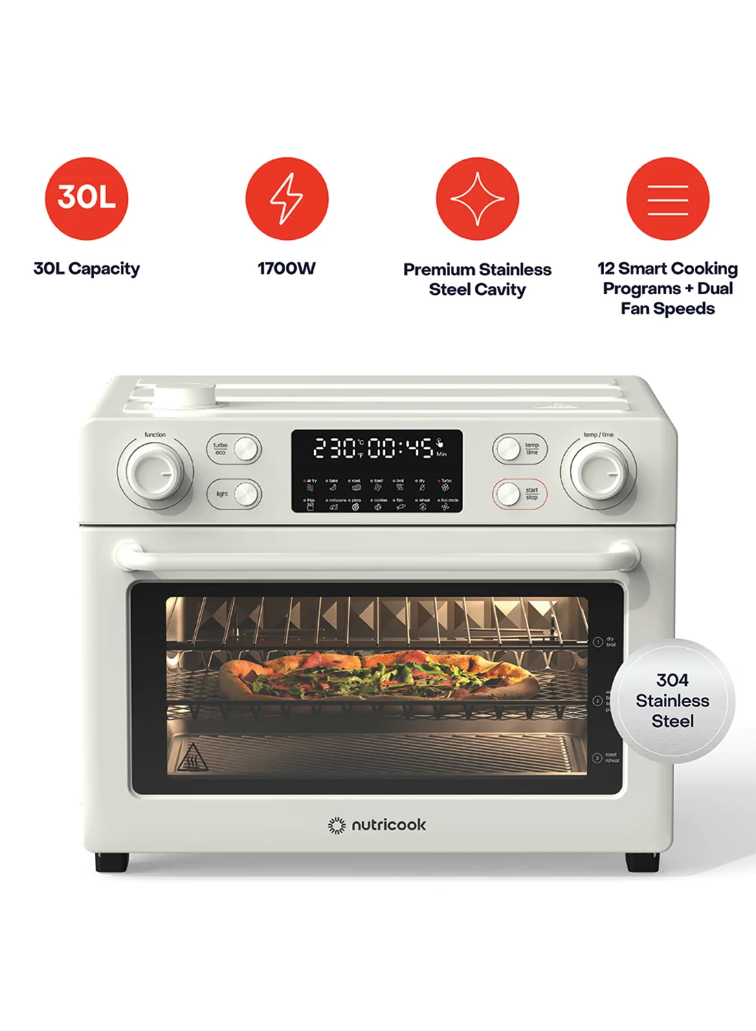 Nutricook Air Fryer Toaster Oven (30L, 1700W, Beige) Stainless Steel Countertop Convection Oven with Rotisserie and Steam-Infused Cooking lccwa