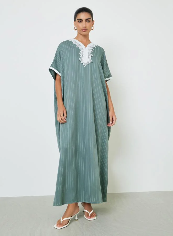 Styli Striped Jalabiya with Lace Trim Premium Traditional Kaftan for Women (Green, One Size) 2mckb