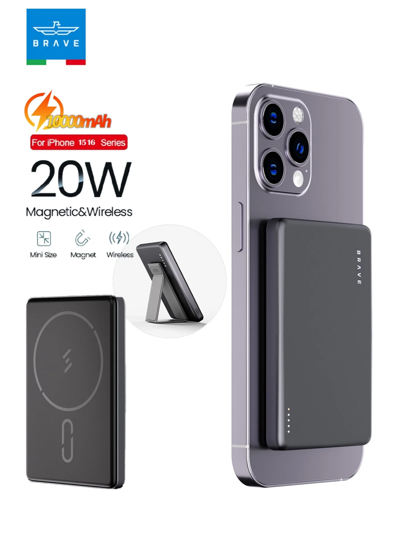 Brave 10,000mAh Magnetic Power Bank with Stand, 15W Fast Wireless Charging, 20W USB-C PD, Ultra-Slim Portable Charger (Black, 10000mAh) utx5c