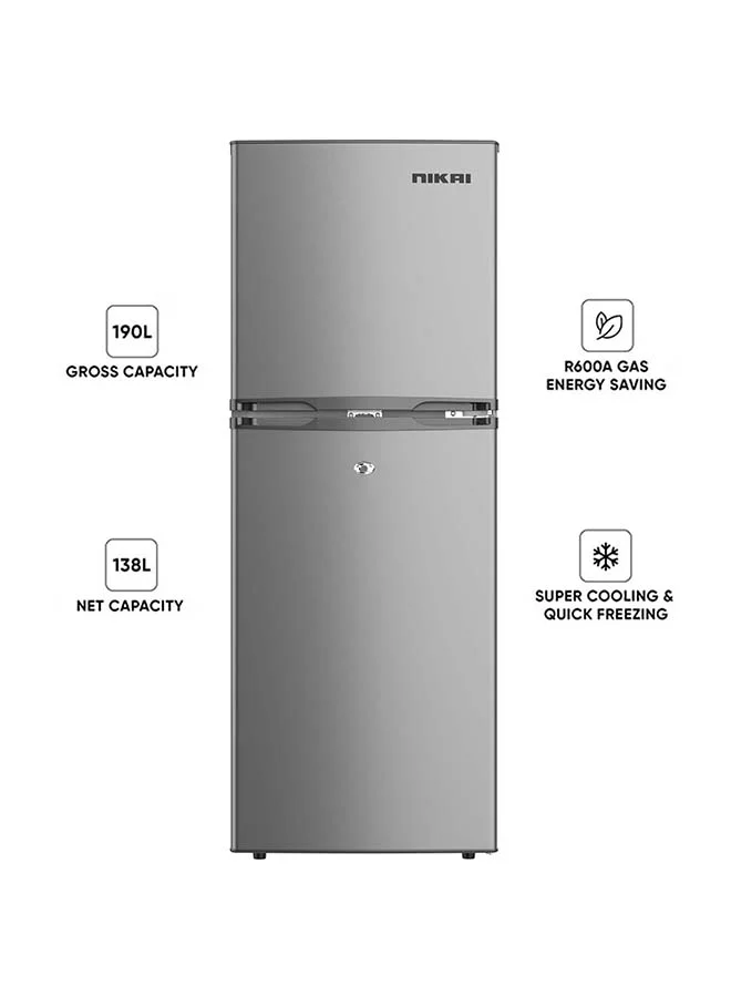 Nikai Double Door Refrigerator with Vegetable Crisper and Adjustable Glass Shelves (Dark Silver, 190L) 3mudp