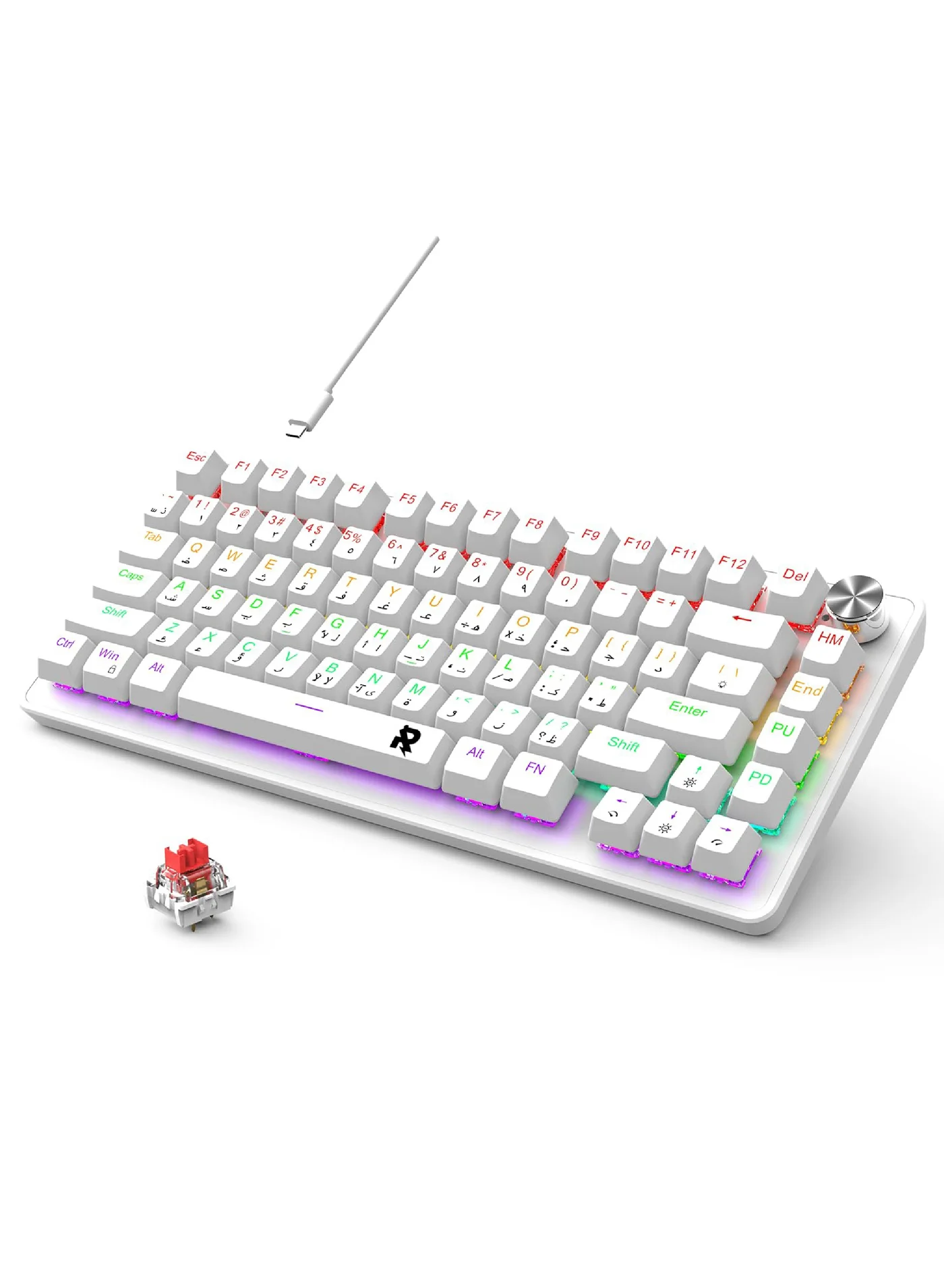 ROCK POW 70% Mechanical Gaming Keyboard, Arabic English Layout, RGB Backlit, Volume Knob, Wired PBT Keycaps (White, 82 Keys) b57oe