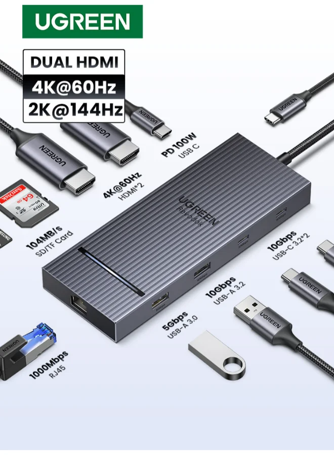 Premium 10-in-1 USB-C Docking Station Dual 4K 60Hz Display Adapter with 100W Power Delivery and High-Speed Data Transfer (Grey) 9nhkn