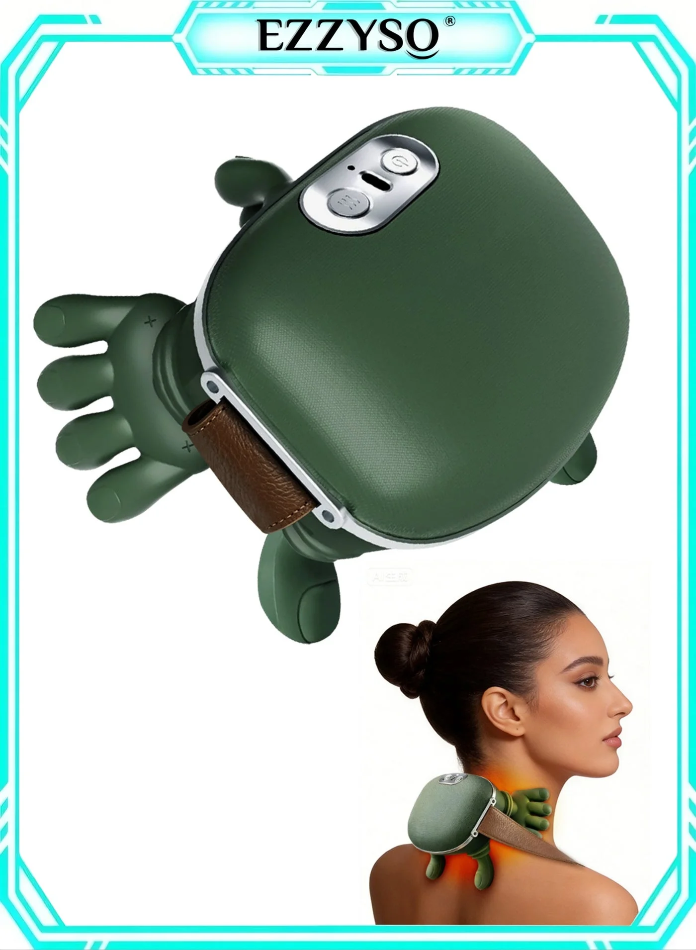 EzzySo 4D Deep Kneading Neck and Shoulder Massager with Dual Heat and 8 Silicone Probes (Olive Green, Cordless Rechargeable) 1gxwo