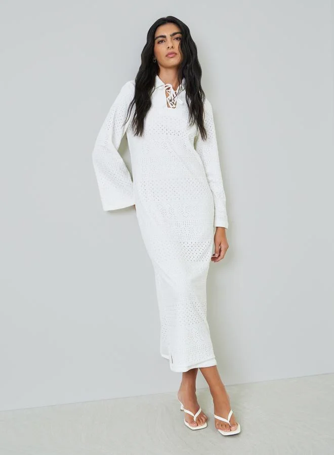 Styli White Eyelet Long Sleeve Maxi Dress Premium Cotton Blend Casual Elegant For Women pfajb