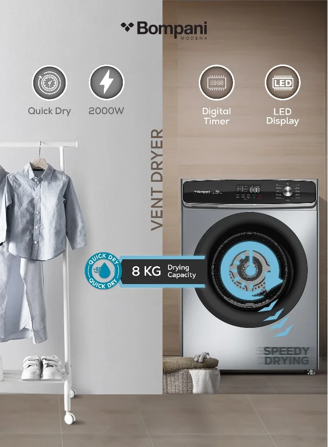 Bompani 8kg Vented Front Load Dryer with 12 Drying Programs and LED Display (Grey, 8kg) bu7w0
