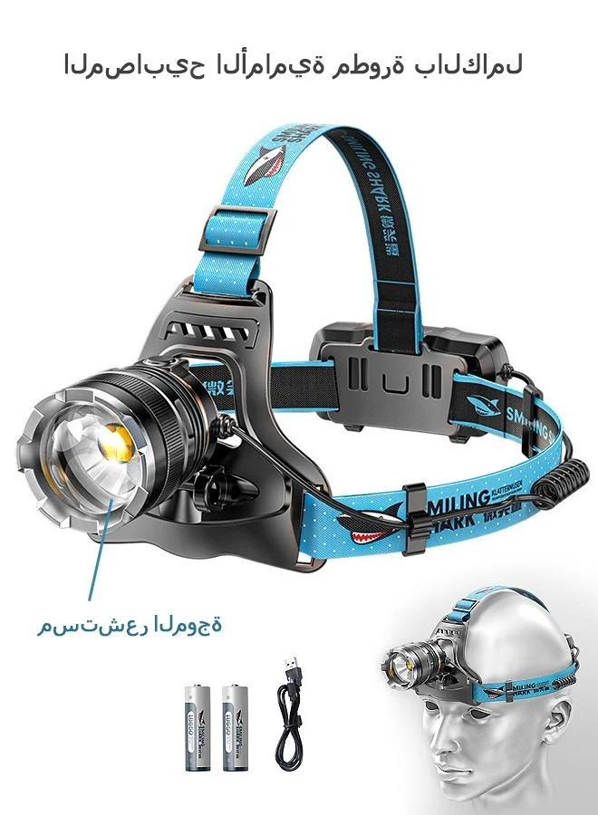 SMILING SHARK LED Rechargeable Headlamp with Induction Switch and 5 Lighting Modes (Blue) 2ce3g